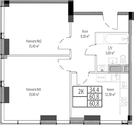 Планировка — Мираполис, 2-комн., 61 м²