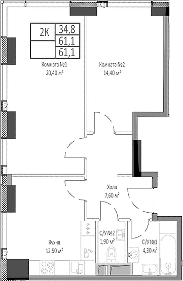 Планировка — Мираполис, 2-комн., 61 м²