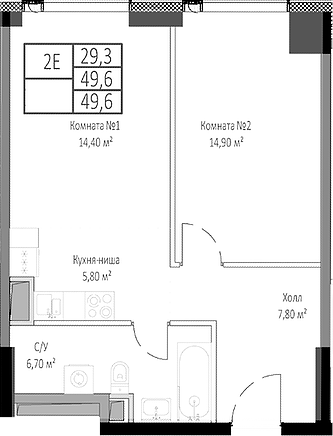 Планировка — Мираполис, 2-комн., 50 м²