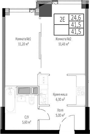 Планировка — Мираполис, 2-комн., 42 м²