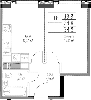 Планировка — Мираполис, 1-комн., 35 м²