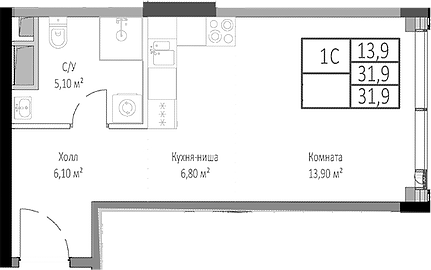 Планировка — Мираполис, Студия, 32 м²