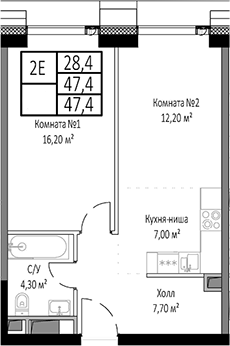 Планировка — Мираполис, 2-комн., 47 м²