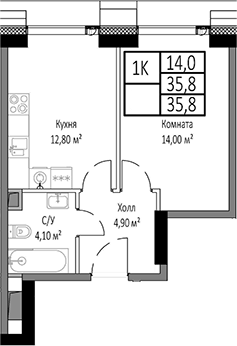 Планировка — Мираполис, 1-комн., 36 м²