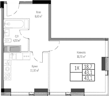 Планировка — Мираполис, 1-комн., 43 м²