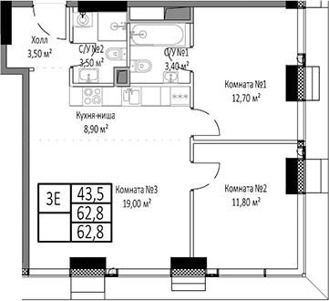 Планировка — Мираполис, 3-комн., 63 м²