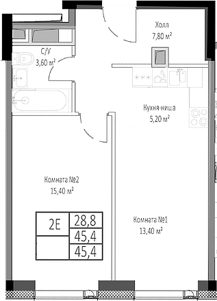 Планировка — Мираполис, 2-комн., 45 м²