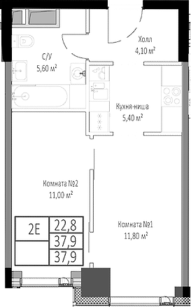 Планировка — Мираполис, 2-комн., 38 м²