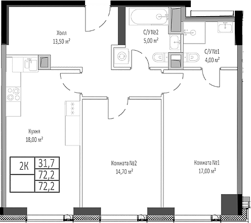 Планировка — Мираполис, 2-комн., 72 м²