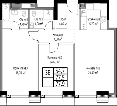 Планировка — Мираполис, 3-комн., 78 м²