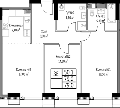 Планировка — Мираполис, 3-комн., 79 м²