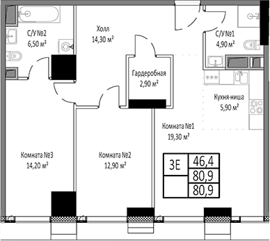Планировка — Мираполис, 3-комн., 81 м²