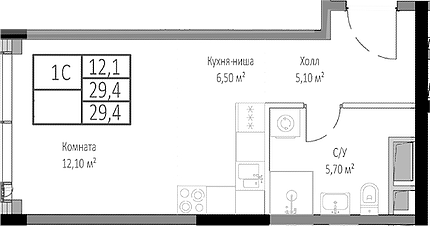 Планировка — Мираполис, Студия, 29 м²