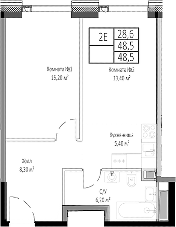 Планировка — Мираполис, 2-комн., 49 м²