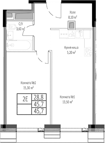 Планировка — Мираполис, 2-комн., 46 м²