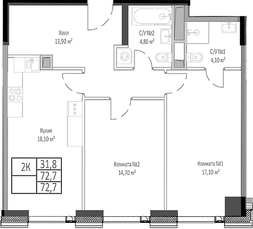 Планировка — Мираполис, 2-комн., 73 м²