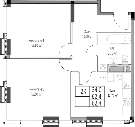 Планировка — Мираполис, 2-комн., 62 м²
