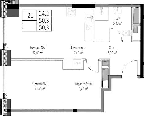 Планировка — Мираполис, 2-комн., 50 м²