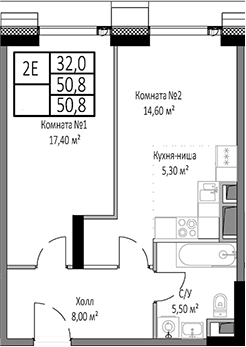 Планировка — Мираполис, 2-комн., 51 м²
