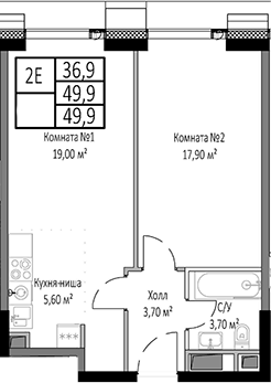 Планировка — Мираполис, 2-комн., 50 м²