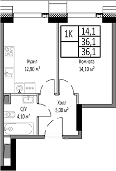 Планировка — Мираполис, 1-комн., 36 м²