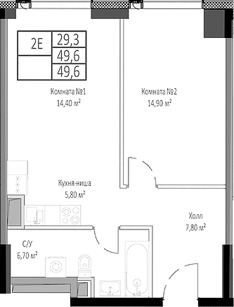 Планировка — Мираполис, 2-комн., 50 м²
