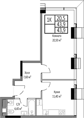 Планировка — Мираполис, 1-комн., 44 м²