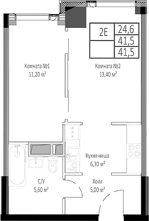 Планировка — Мираполис, 2-комн., 42 м²