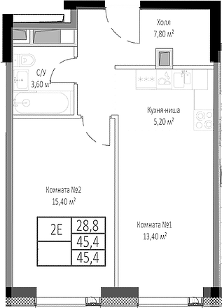 Планировка — Мираполис, 2-комн., 45 м²