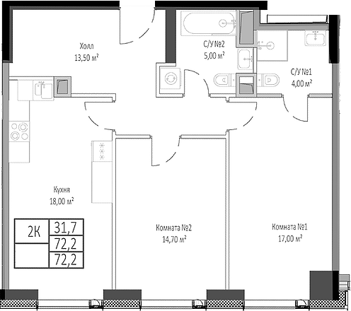 Планировка — Мираполис, 2-комн., 72 м²