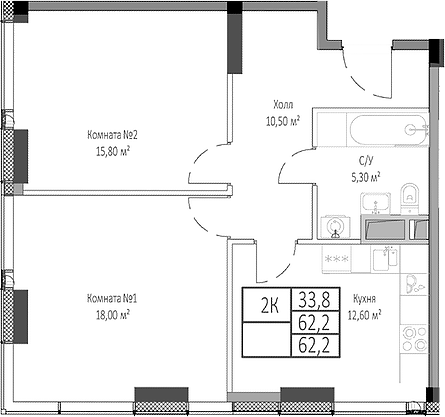 Планировка — Мираполис, 2-комн., 62 м²