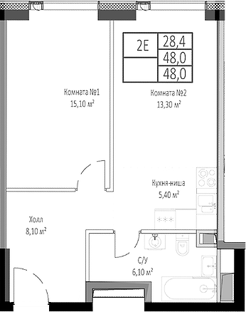 Планировка — Мираполис, 2-комн., 48 м²