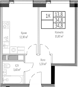 Планировка — Мираполис, 1-комн., 35 м²