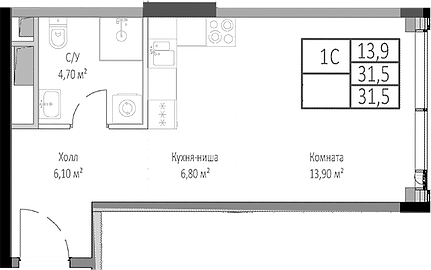 Планировка — Мираполис, Студия, 32 м²