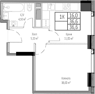 Планировка — Мираполис, 1-комн., 37 м²