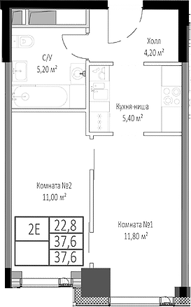 Планировка — Мираполис, 2-комн., 38 м²