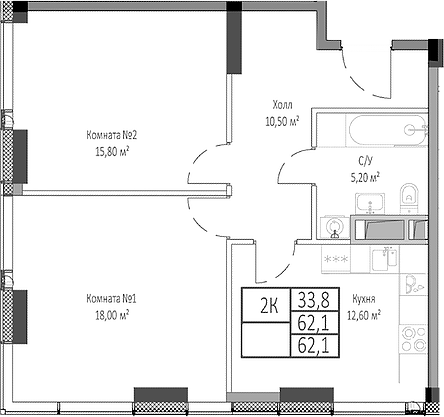 Планировка — Мираполис, 2-комн., 62 м²