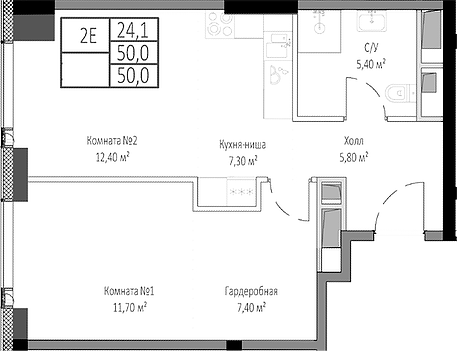 Планировка — Мираполис, 2-комн., 50 м²