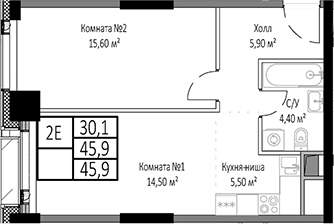 Планировка — Мираполис, 2-комн., 46 м²