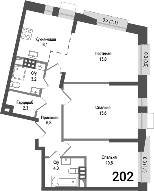 Планировка — Киноквартал, 3-комн., 66 м²