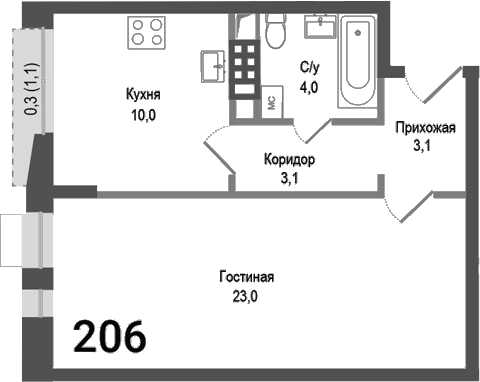 Планировка — Киноквартал, 1-комн., 43 м²