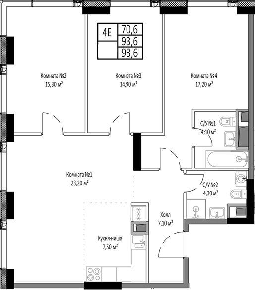 Планировка — Мираполис, 4-комн., 94 м²