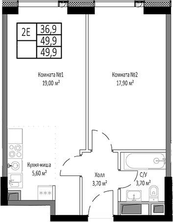 Планировка — Мираполис, 2-комн., 50 м²