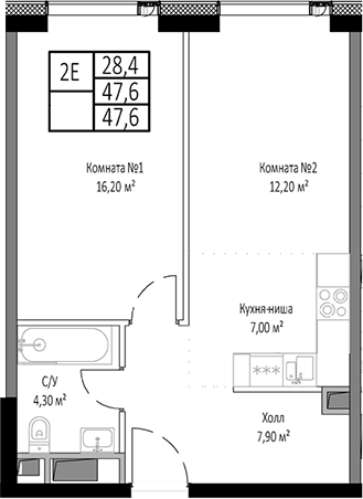 Планировка — Мираполис, 2-комн., 48 м²