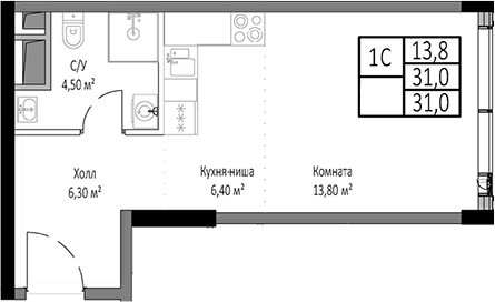 Планировка — Мираполис, Студия, 31 м²