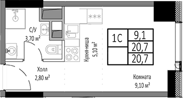 Планировка — Мираполис, Студия, 21 м²