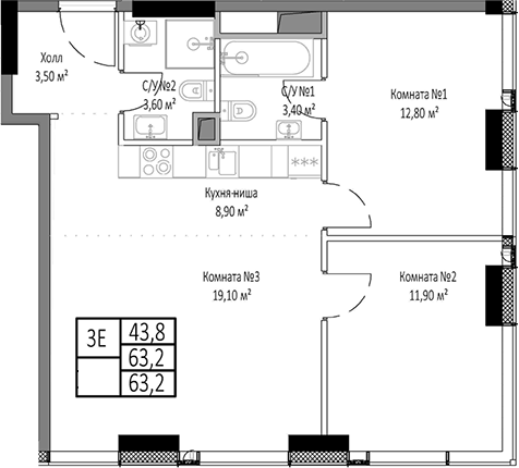Планировка — Мираполис, 3-комн., 63 м²