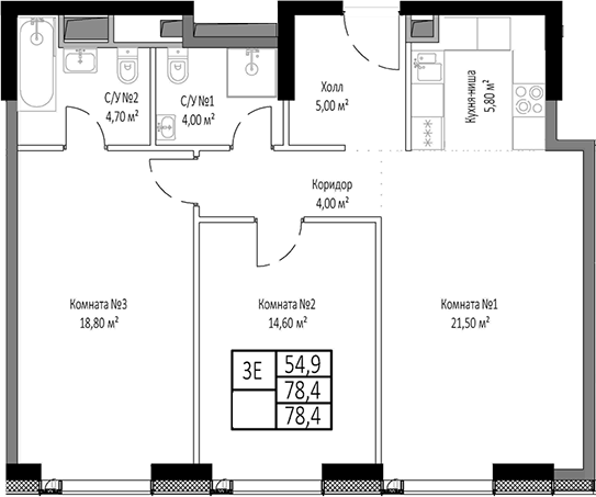 Планировка — Мираполис, 3-комн., 78 м²