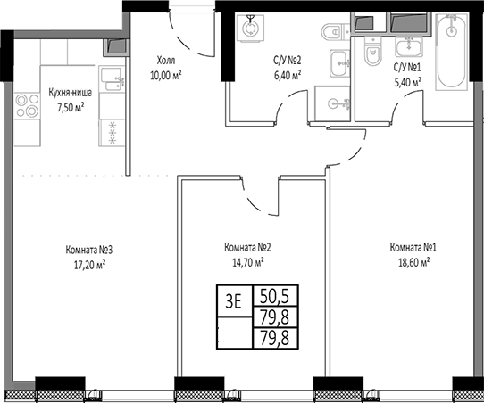 Планировка — Мираполис, 3-комн., 80 м²