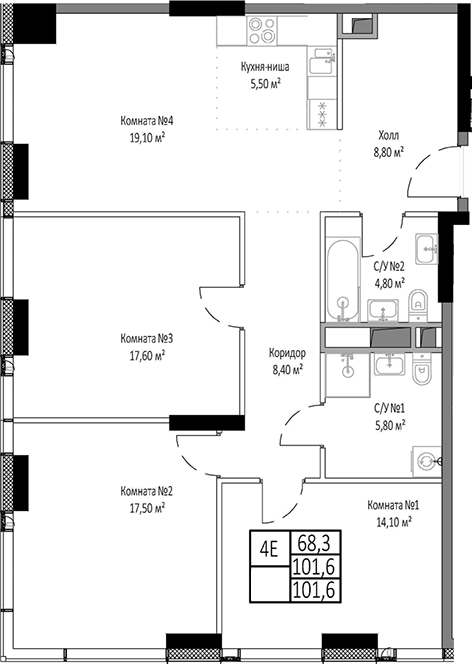 Планировка — Мираполис, 4-комн., 102 м²